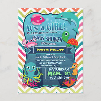 Invitation Carte Postale Colorée Chevron Sea Life, Baby shower fille