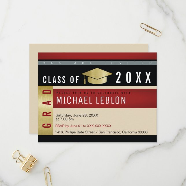 Invitation Carte Postale Concept graphique moderne Graduation. Grad party (Devant/Arrière en situation)