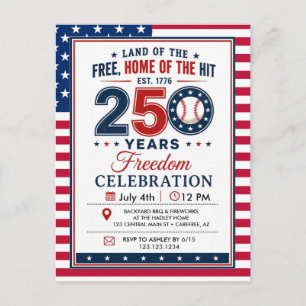 Invitation Carte Postale Conception de baseball USA Terre de liberté 250 an