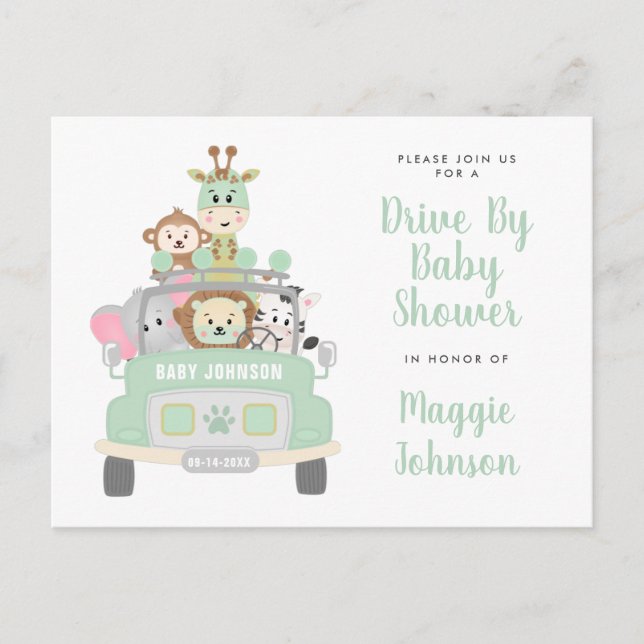 Invitation Carte Postale Conduire par Animal Safari mignon Mint Green Baby  (Devant)