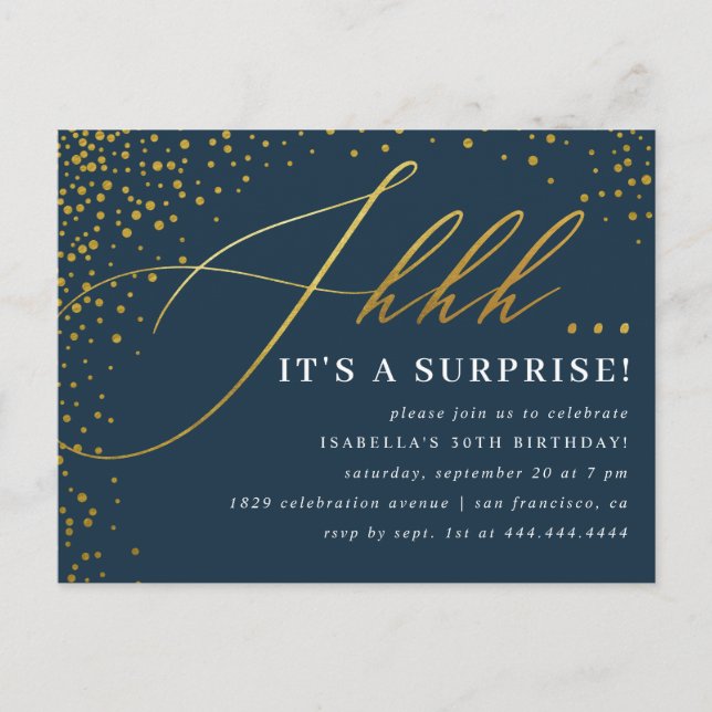 Invitation Carte Postale Confetti Marine & Gold Script Surprise Party (Devant)