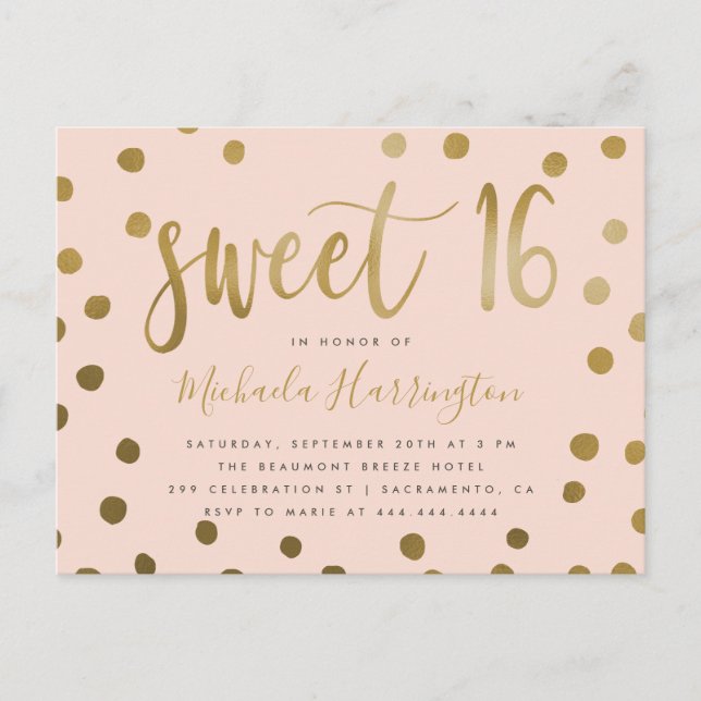 Invitation Carte Postale Confetti rose et or tendance Sweet 16 Anniversaire (Devant)
