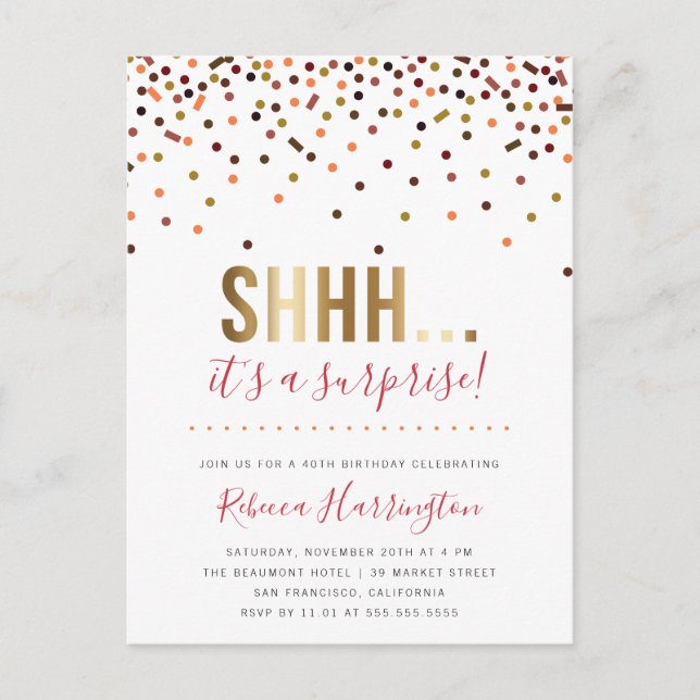 Invitation Carte Postale Confetti Shhh coloré... C'est une fête surprise (Devant)