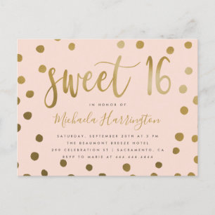 Invitation Carte Postale Confetti Sweet 16 Anniversaire rose et or tendance