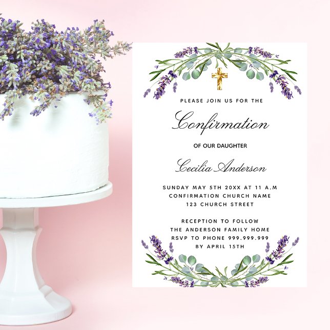 Invitation Carte Postale Confirmation lavande eucalyptus violet florales (Créateur téléchargé)