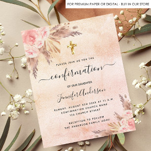 Invitation Carte Postale Confirmation pampas herbe rose or rousse rose