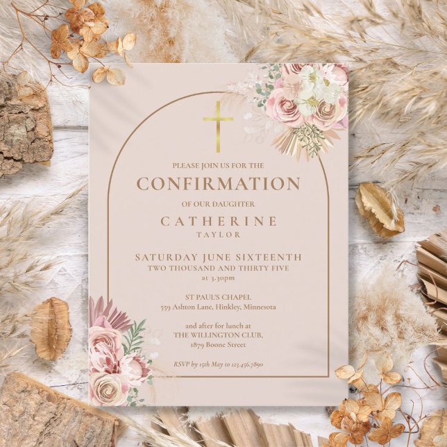 Invitation Carte Postale Confirmation Pampas rose Grass Floral Or Arch (Pink Pampas Grass Floral Gold Arch Confirmation Invitation Postcard)