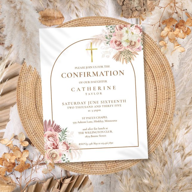 Invitation Carte Postale Confirmation Pampas rose Grass Floral Or Arch (Pink Pampas Grass Floral Gold Arch Confirmation Invitation Postcard)