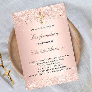 Invitation Carte Postale Confirmation rose or parties scintillant croix fil