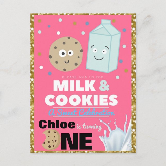 Invitation Carte Postale Cookies & Lait Parties scintillant rose et or| Ann (Devant)