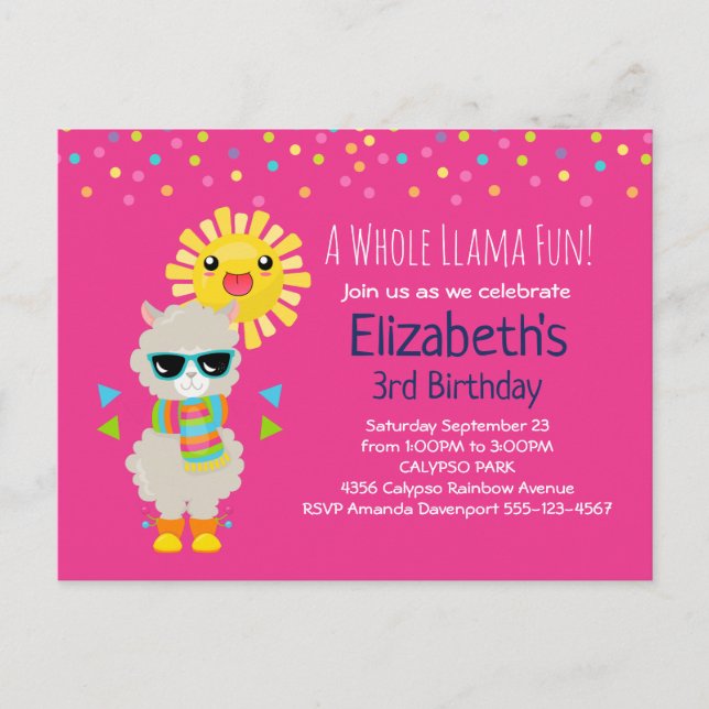 Invitation Carte Postale Cool Llama et souriant Kawaii Anniversaire du sole (Devant)