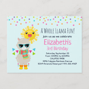 Invitation Carte Postale Cool Llama et souriant Kawaii Anniversaire du sole