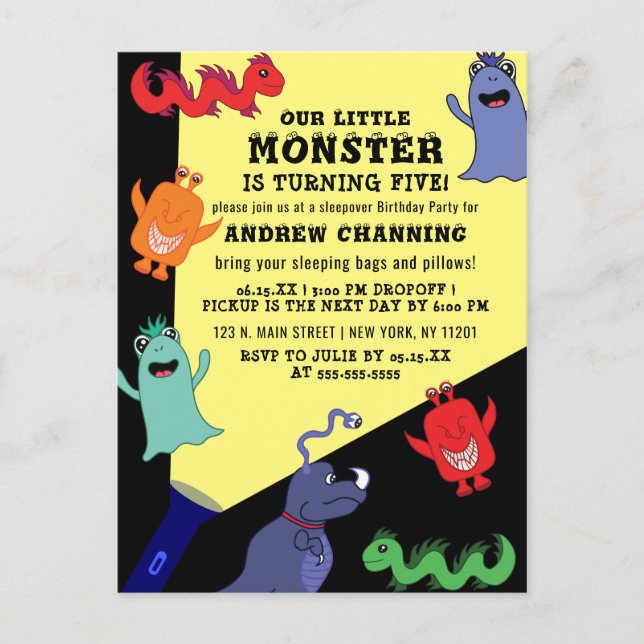 Invitation Carte Postale Cool Mignonne Monster Lampe de poche Dormir Annive (Devant)