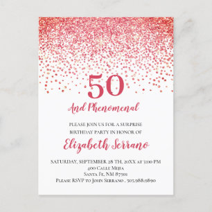 Invitation Carte Postale Corail moderne Parties scintillant rouge Confetti