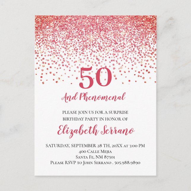 Invitation Carte Postale Corail moderne Parties scintillant rouge Confetti  (Devant)