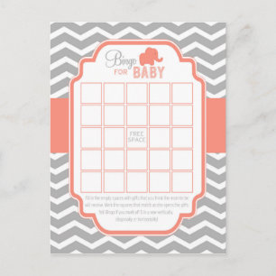 Invitation Carte Postale Coral Grey Chevron Elephant Bingo Baby shower Jeu