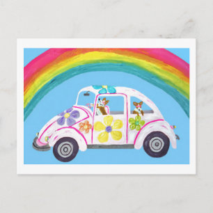 Invitation Carte Postale Corgis dans une voiture hippie sur la plage avec u