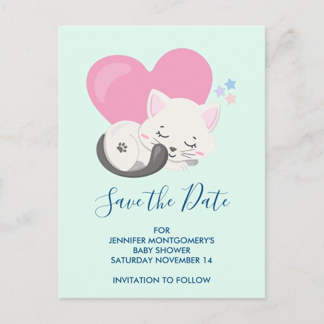 Invitation Carte Postale Couchage blanc mignon Chat Enregistrer la date (Devant)