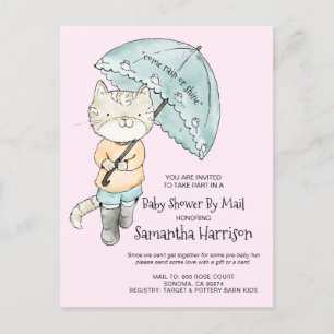Invitation Carte Postale Couleur Aquarelle Cute Baby shower Parapluie Chat