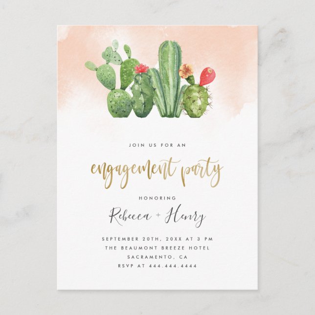 Invitation Carte Postale Couleur d'aquarelle et cactus (Devant)