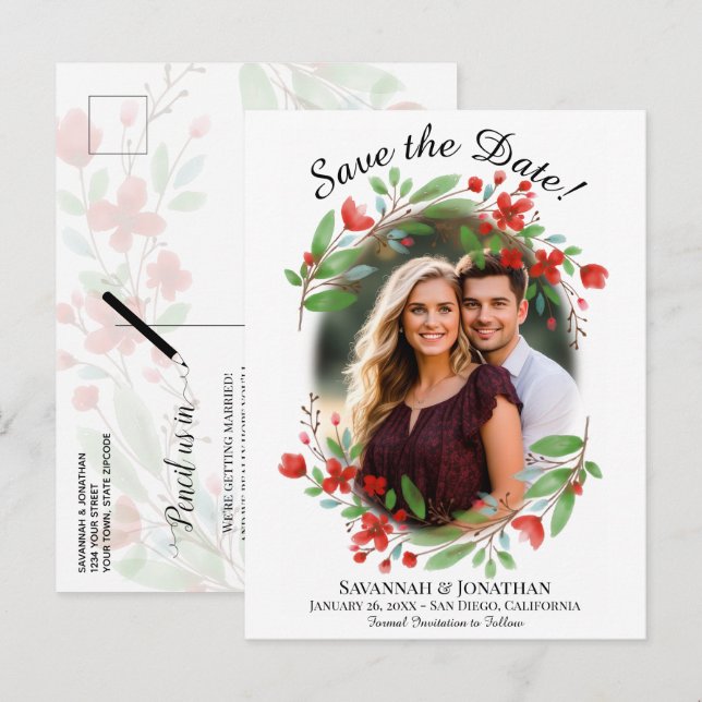 Invitation Carte Postale Couleur d'eau rouge : mariage floral Enregistrer l (Devant / Derrière)