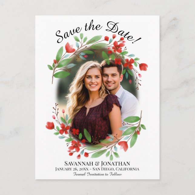 Invitation Carte Postale Couleur d'eau rouge : mariage floral Enregistrer l (Devant)