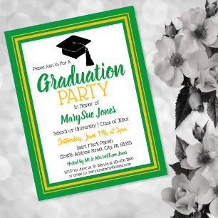 Invitation Carte Postale Couleurs de l'école verte et or Grad Party