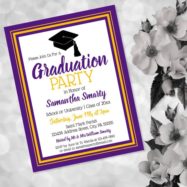 Invitation Carte Postale Couleurs de l'école violet et or Grad Party (Créateur téléchargé)