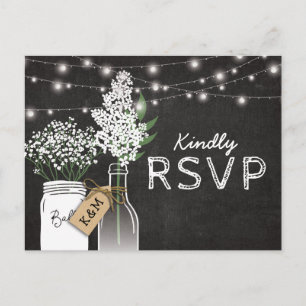 Invitation Carte Postale Country Rustic Chalkboard Wood Wedding RSVP