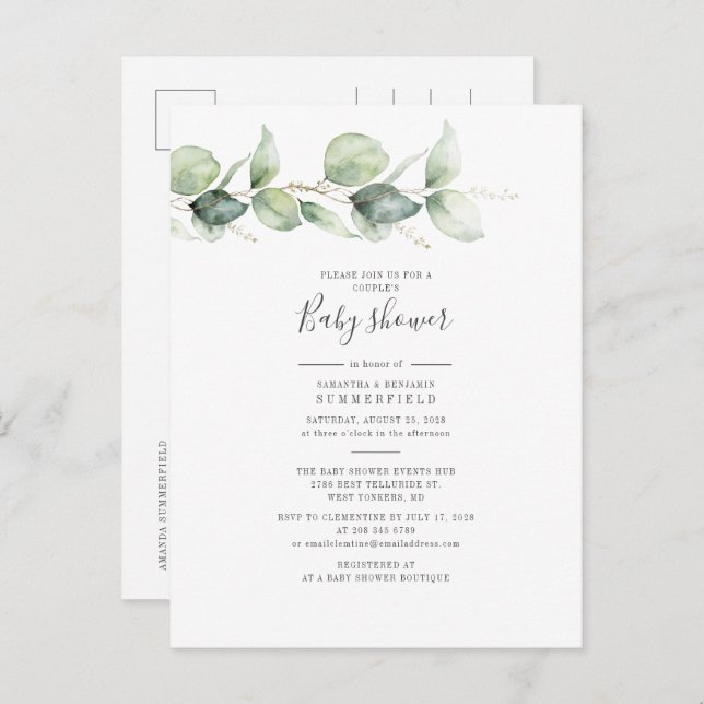 Invitation Carte Postale Couples Baby shower Eucalyptus Feuilles (Devant / Derrière)