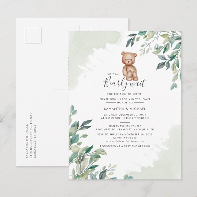 Invitation Carte Postale Couples Baby shower Eucalyptus Verdure Script (Devant / Derrière)