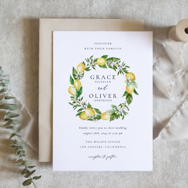 Invitation Carte Postale Couronne botanique de citron avec Mariage de verdu (Botanical Lemon and Greenery Wreath Garden Wedding Invitation Postcard)