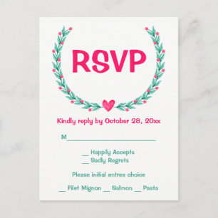 Invitation Carte Postale Couronne de feuilles de laurier aquarelle rose ver