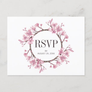 Invitation Carte Postale Couronne de fleurs de cerisier rose mariage RSVP
