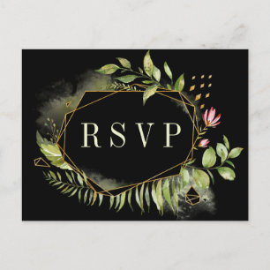 Invitation Carte Postale Couronne de mariage florale géométrique verte noir