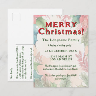 Invitation Carte Postale Couronne de Noël rouge et verte avec poinsettia