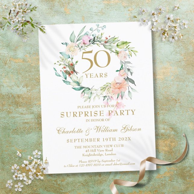 Invitation Carte Postale Couronne de roses pour fête surprise des 50 ans (50th Anniversary Surprise Party Roses Garland Invitation Postcard)