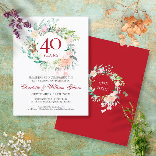 Invitation Carte Postale Couronne florale de rubis pour le 40e anniversaire