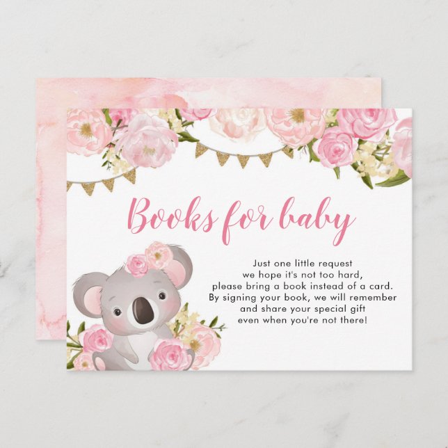 Invitation Carte Postale Couronne rose Florale Koala Livres Pour Bébé (Devant / Derrière)