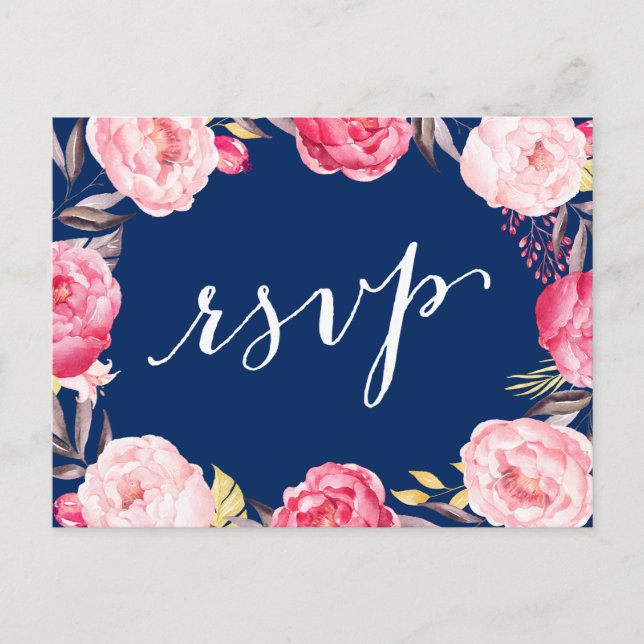 Invitation Carte Postale Couronne rose florale Marine Bleu Mariage RSVP Rép (Devant)