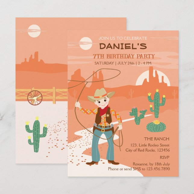 Invitation Carte Postale Cowboy avec lasso et cactus anniversaire de enfant (Devant / Derrière)