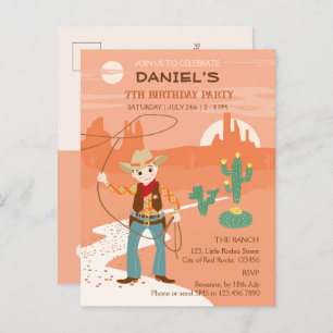 Invitation Carte Postale Cowboy avec lasso et cactus anniversaire de enfant