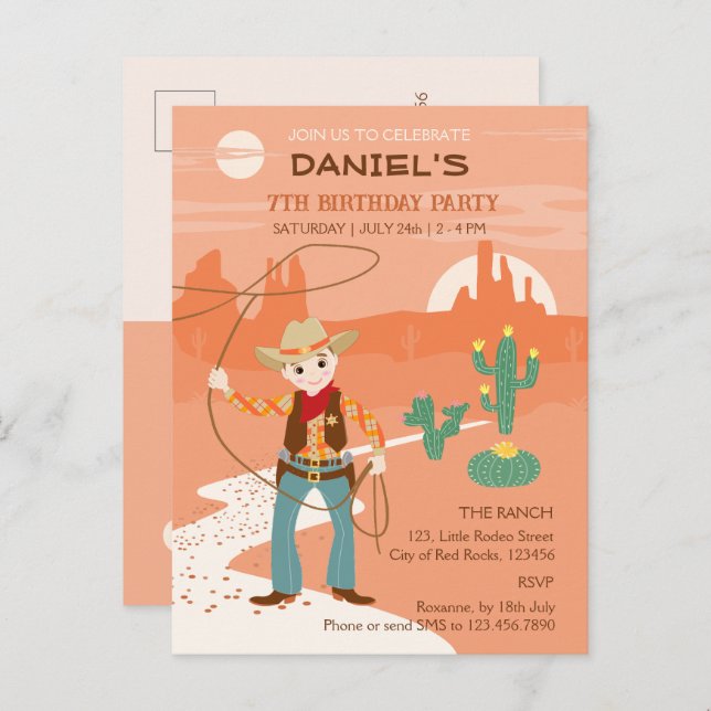 Invitation Carte Postale Cowboy avec lasso et cactus anniversaire de enfant (Devant / Derrière)