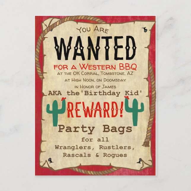 Invitation Carte Postale Cowboy Western BBQ fête d'anniversaire Poster Rech (Devant)