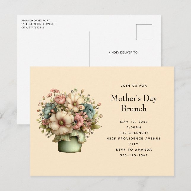 Invitation Carte Postale Cozy Flowers in a Planter Pot Cute Mother's Day (Devant / Derrière)
