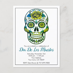 Invitation Carte Postale Crâne à sucre Dia De Los Muertos Avec Fleurs