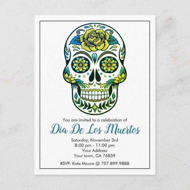 Invitation Carte Postale Crâne à sucre Dia De Los Muertos Avec Fleurs (Devant)