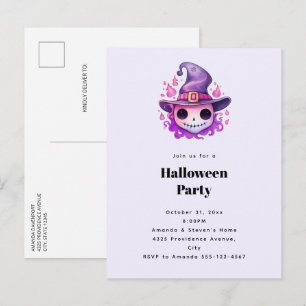 Invitation Carte Postale Crâne dans un chapeau de sorcière Fête fantaisiste