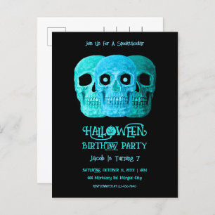 Invitation Carte Postale Crâne Funny Gothique Bleu Turquoise Halloween Anni