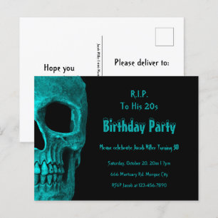 Invitation Carte Postale Crâne gothique Turquoise Noir Anniversaire RIP à s